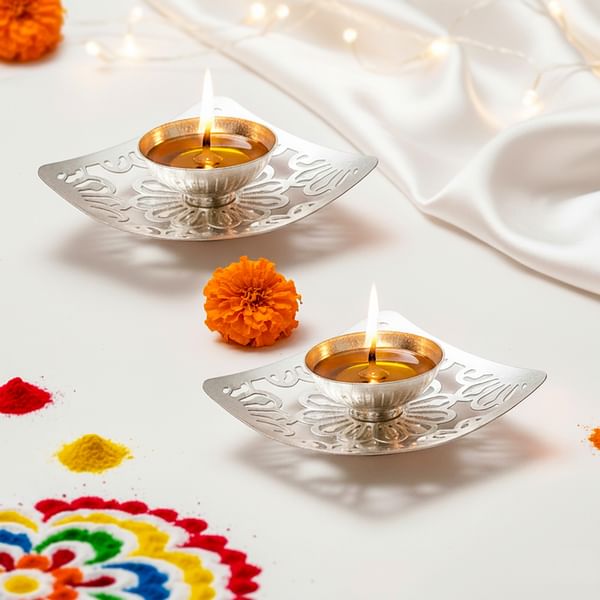 Silver-Plated Floral Oil Diyas For Diwali