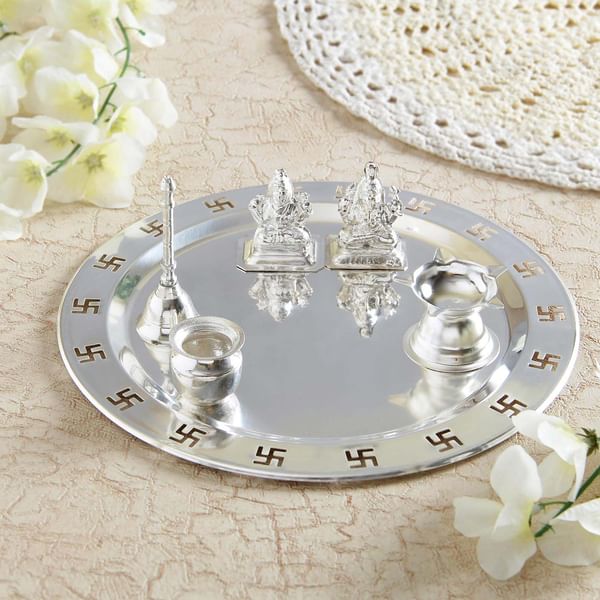 Silver Plated Laxmi Ganesha with Puja Thali