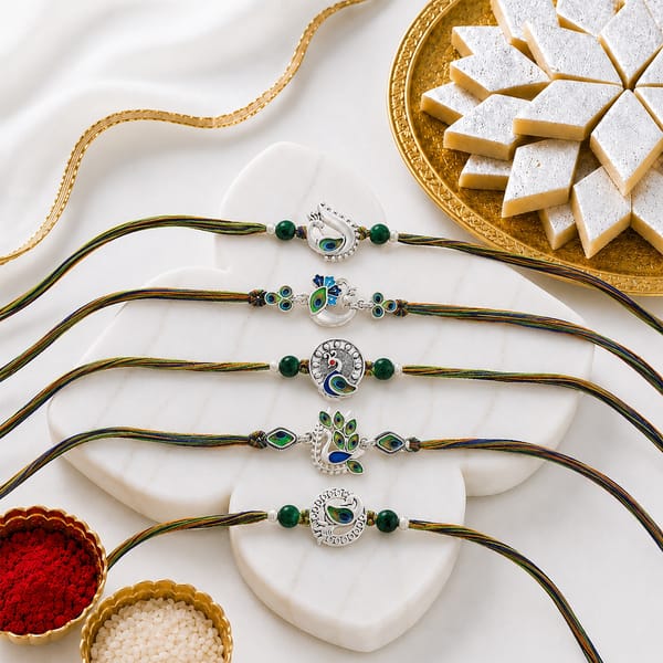 Silver-Plated Peacock Rakhi Gift Set with Sweets