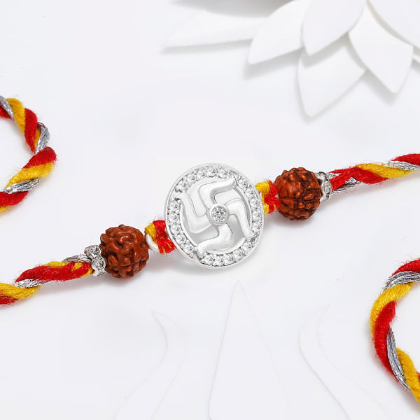 Silver-Plated Swastik And Rudraksh Rakhi