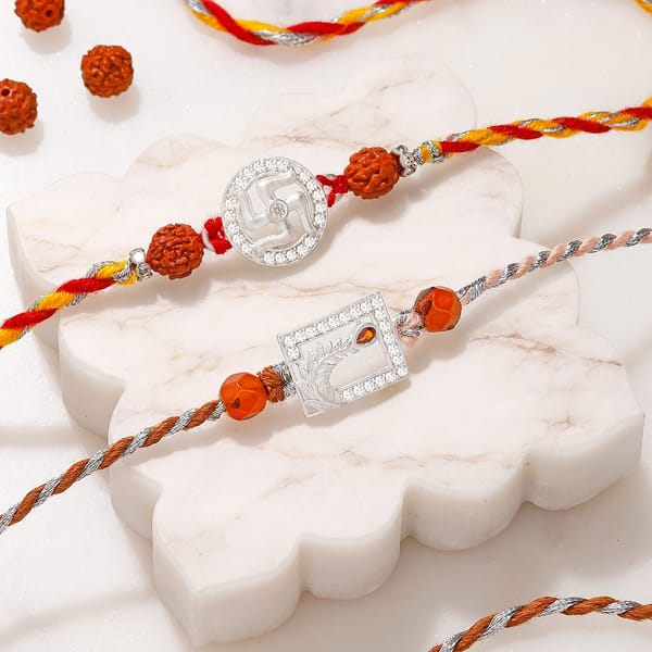 Silver Plated Swastik & Peacock Feather Rakhi Set