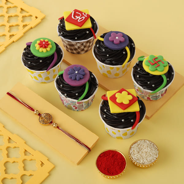 Single Rakhi with Chocolate Cupcakes