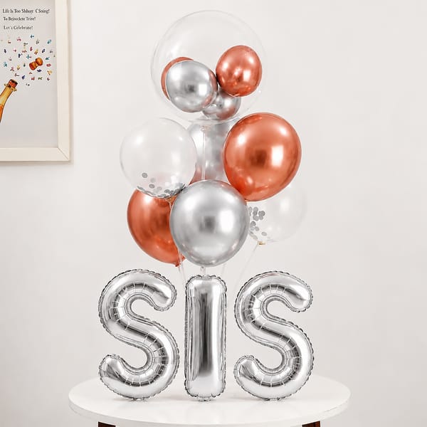 SIS Rose Gold and Silver Bobo Balloon Arrangement for Rakhi