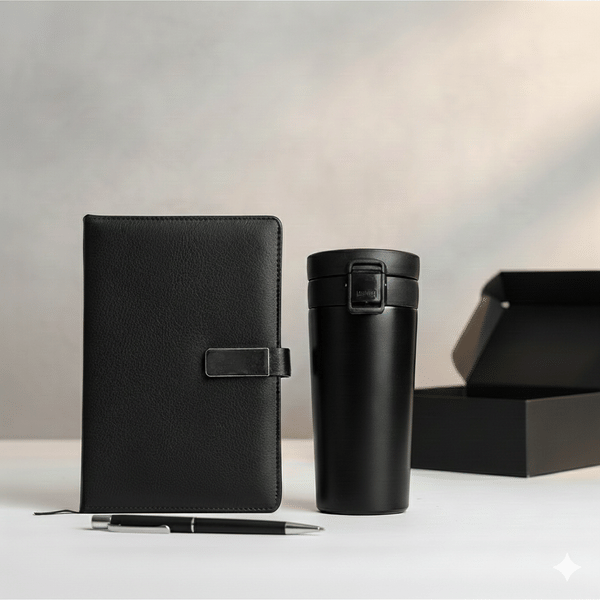 Sleek Black Diary & Bottle Gift Set
