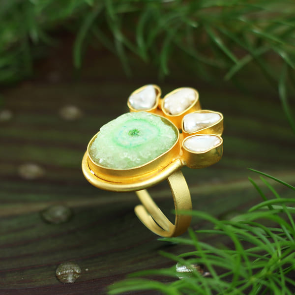 Solar Druzy Semi-precious Stone with Baroque Pearl Handmade Ring