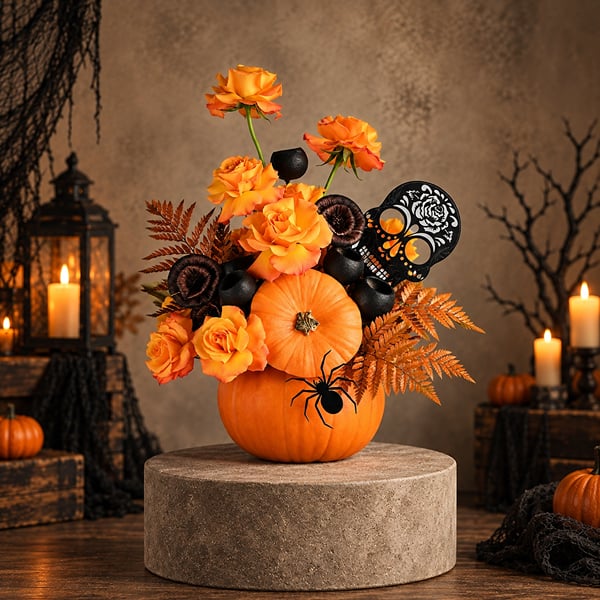 Spooky Flowers Pumpkin Arrangement