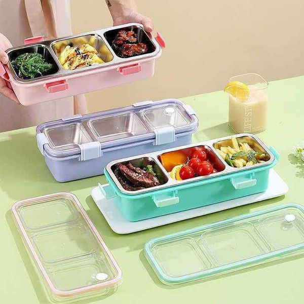 Stainless Steel Three Grid Lunch Box - Assorted - Single Piece