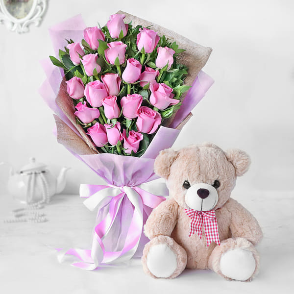 Subtle Pink Rose Bouquet with Teddy Bear