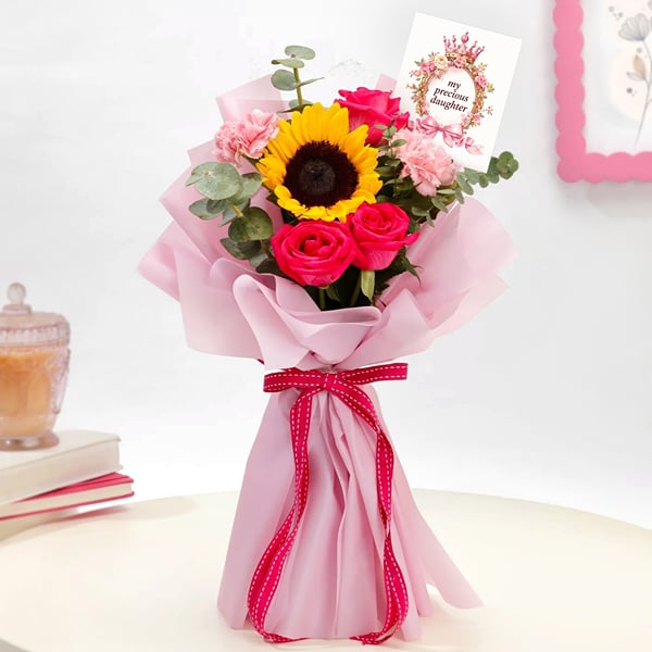 Sunflower and Pink Blooms Bouquet For Daughters
