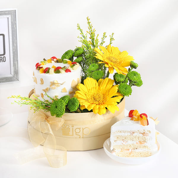Sunlit Yellow Gerberas and Fruit Cake (300g)