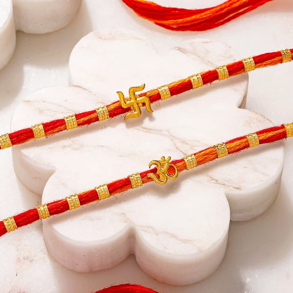 Swastika and Om Gold Toned Rakhi Set of 2