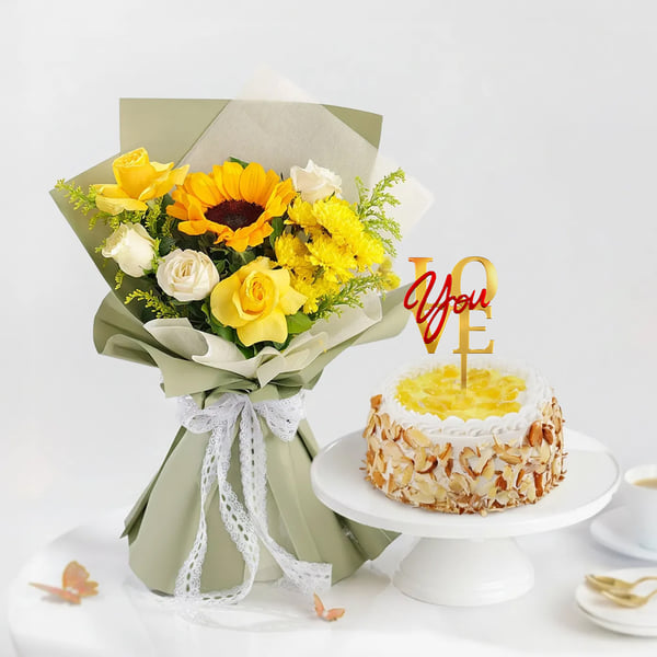 Sweet Pineapple Cake and Bright Bouquet Gift Combo