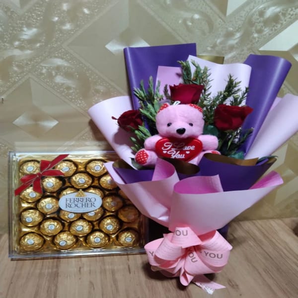 Sweet Romance Trio - Roses, Teddy & Ferrero Rocher