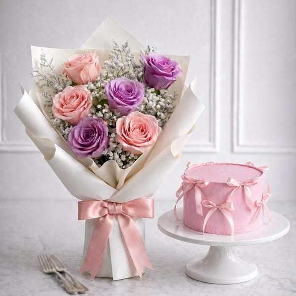 Sweet Serenity Rose Bouquet & Vanilla Cake Combo