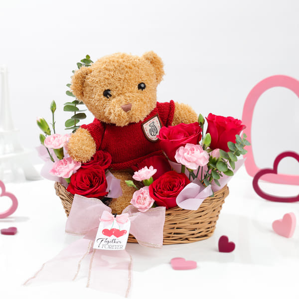 Teddy Bear & Red Roses Arrangement