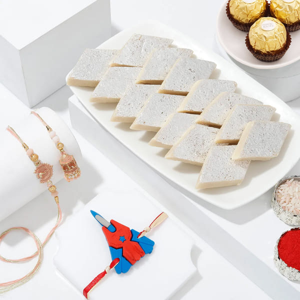 Temple Design Family Rakhi Set with Kaju Katli