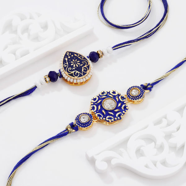 Thewa Design Kundan And Meena Work Rakhis - Set Of 2