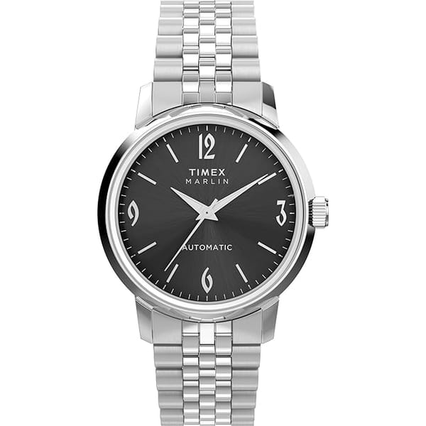 TIMEX Marlin Mechanical Automatic Watch for Man with Black Round Dial & Silver Bracelet Band