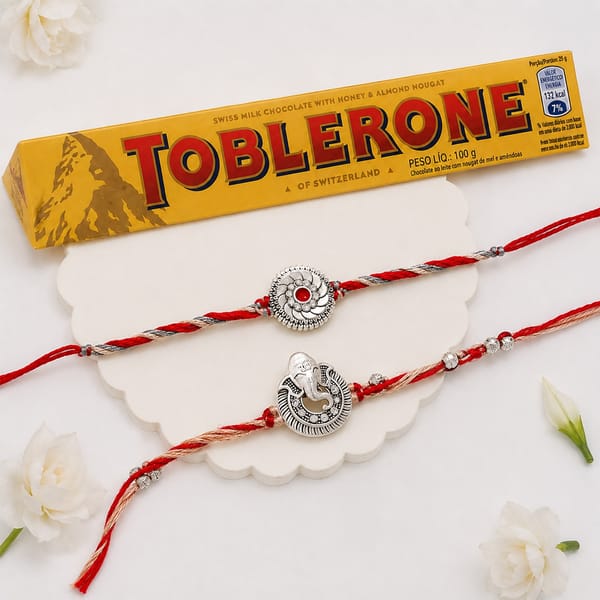 Traditional Ganesh and Floral Rakhi Set with Toblerone