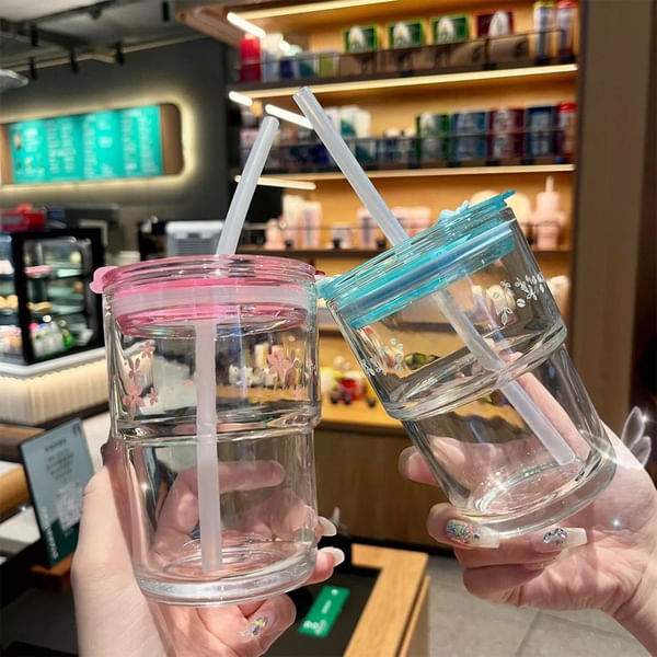 Transparent Glass Tumbler With Straw - 420 ML - Assorted - Single Piece