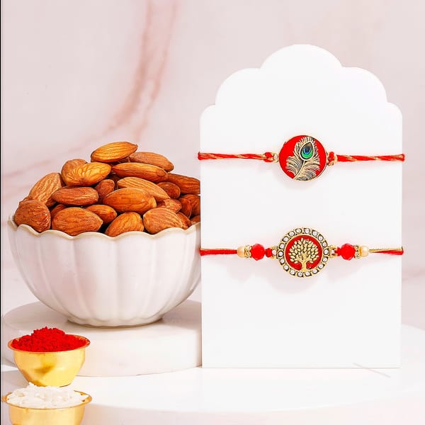 Tree of Life & Peacock Rakhi with Almonds Gift Set