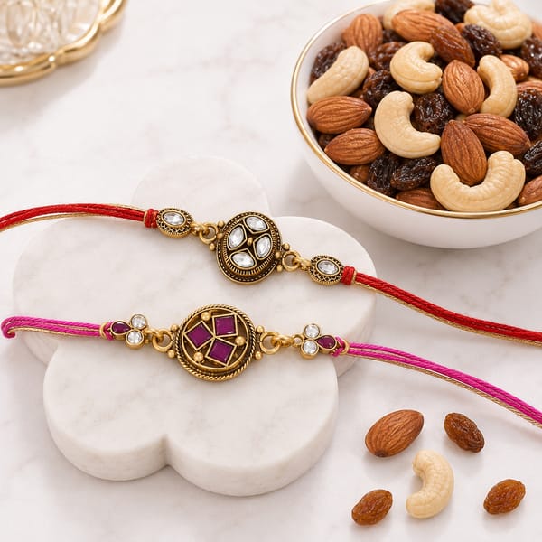 Trendy Kundan Meena Rakhi Set with Mix Dry Fruits