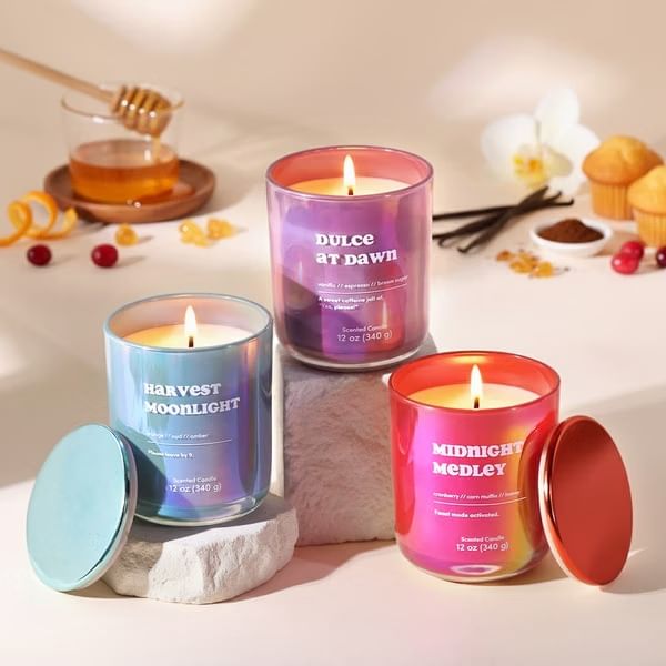 Trio of Scented Candles 340gms  Harvest Moonlight,Dulce At Dawn & Midnight Medley