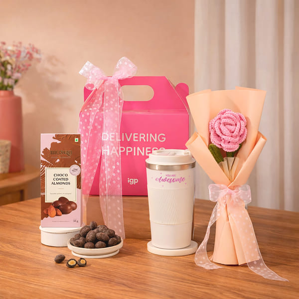 Tumbler, Rose & Choco Almonds Gift Hamper