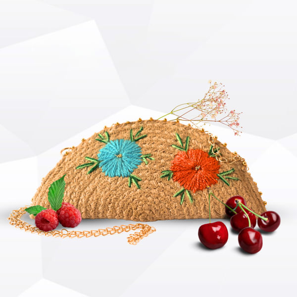Unique Embroidered Half Moon Premium Jute Clutch