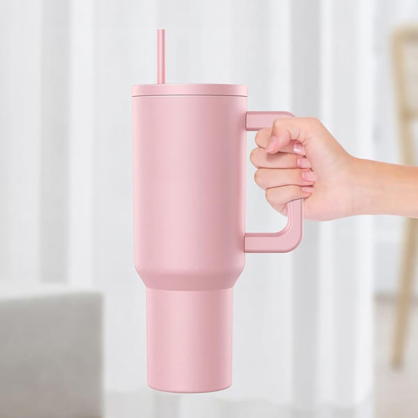 Vacuum Insulated Stainless Steel Tumbler With Straw And Handle - Pink - Single Piece