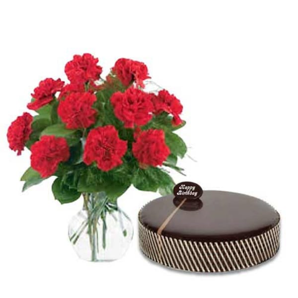 Valentine's Day Choco Mud Cake And Carnations Combo
