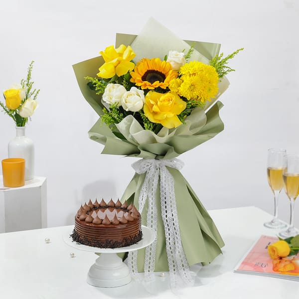 Valentine's Day Sunshine Blooms And Truffle Cake Combo
