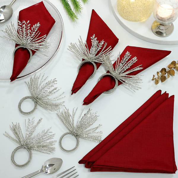 Vibrant Maroon Napkins With Decorative Napkin Rings (Set of 6+6)