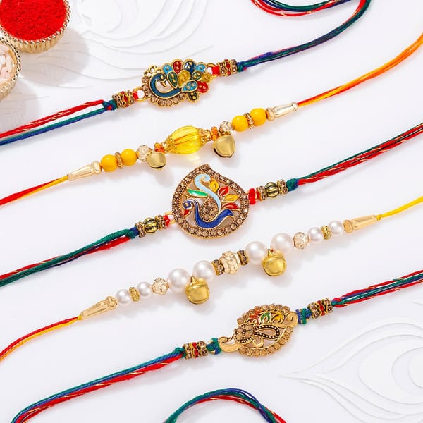 Vibrant Peacock And Pearl Rakhis - Set Of 5