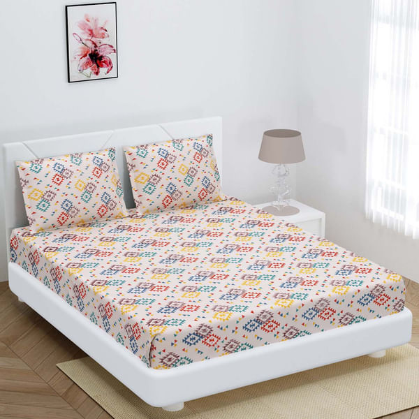 White Aztec Print Double Bedsheet