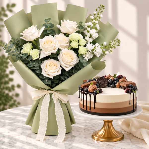 White Roses and Chocolate Heaven Cake Combo