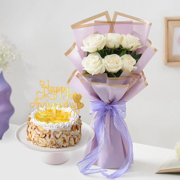 White Roses and Pineapple Cake Anniversary Combo