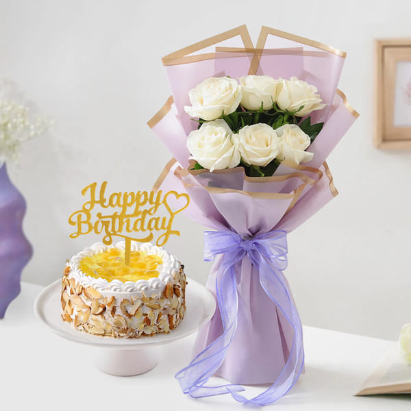 White Roses and Pineapple Cake Birthday Combo