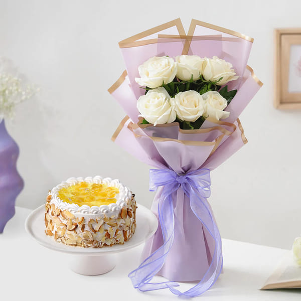 White Roses & Pineapple Cake Combo