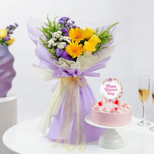 Women's Day Lavender Bloom & Strawberry Cake Combo