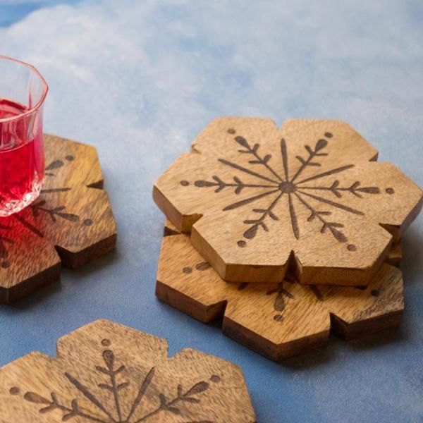 Wooden Coasters - Flower Carved - Set Of 4