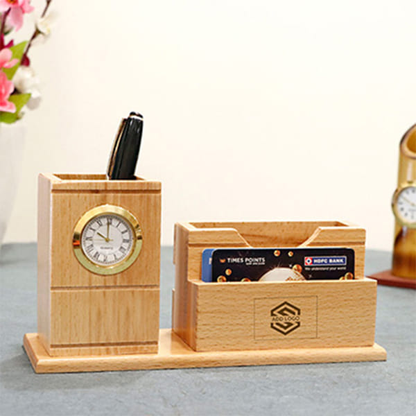 Wooden Pen Holder with Clock
