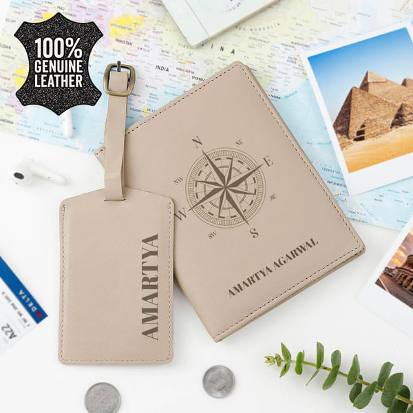 World Compass Personalized Leather Travel Combo - Grey