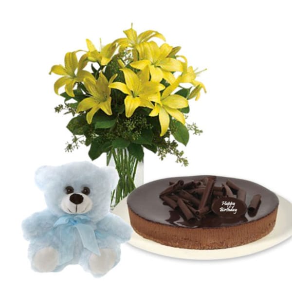 Yellow Asiatic Lilies Bouquet with Chocolate Cheesecake & Teddy Bear