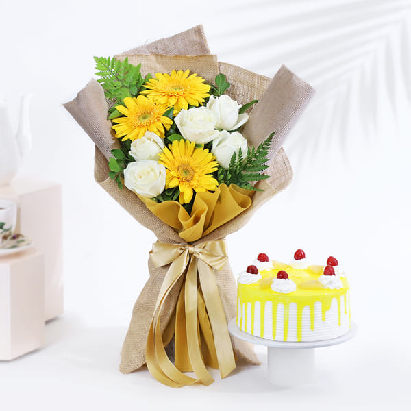 Yellow Blooms Bouquet with Pineapple Cake