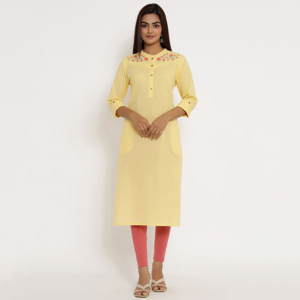 Yellow Cotton Embroidered Kurta