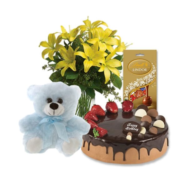 Yellow Lily Bouquet with Cake, Teddy & Lindt Chocolates