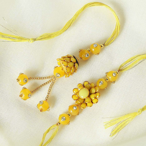 Yellow Pachhi Designed Bhaiya Bhabhi Rakhi with Kadi Kundan Work