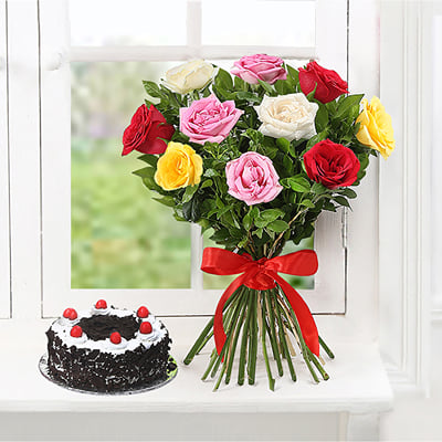 Buy/Send BLACK FOREST CAKE WITH 12 MULTI COLOR ROSES Online | IGP ...