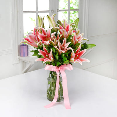 Buy/Send Glass Vase of 6 Pink Lilies Online | IGP | HD1066462